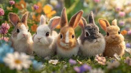 National Bunny Day, group of bunnies playing in a flower garden