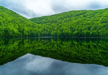 Serene landscape of a calm body of water perfectly reflecting lush green hills under a cloudy sky. The image evokes tranquility and natural beauty.