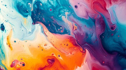 Vibrant Abstract Fluid Painting In Teal, Orange, Pink, And Purple