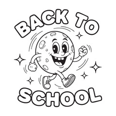 Back to school coloring page with a cute walking moon character. Retro cartoon vector line art illustration.