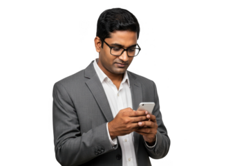 Man in suit using smartphone isolated on transparent background