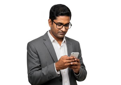 Man in suit using smartphone isolated on transparent background