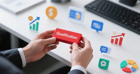 A businessman holding a red block with the word "Qualification" surrounded by floating 3D business icons such as growth charts, communication bubbles, dollar signs, and pie charts.