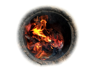 Fire Burning Inside Circular Stone Opening with Bright Flames and Glowing Embers