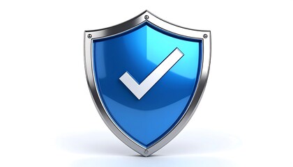 3D rendered blue shield with white checkmark, metallic border, isolated on white