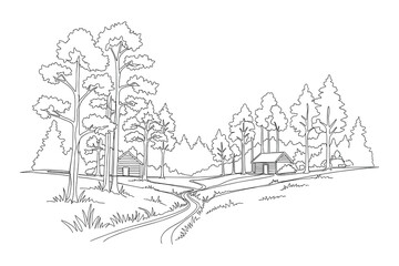 Obraz premium Black and white vector illustration of a cabin in a forest with a road. Landscape scenery. Isolated design.