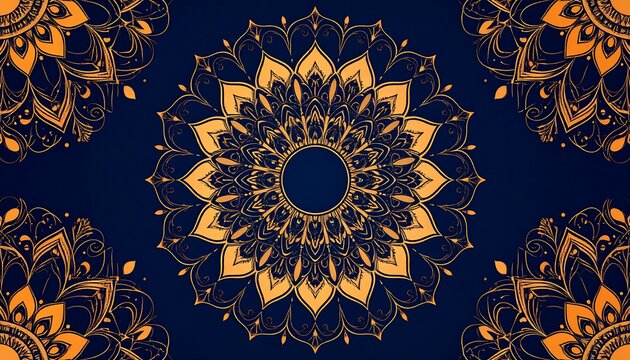 Ornate mandala designs create a rich, detailed, and luxurious pattern on a deep navy backdrop.