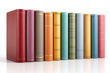 Naklejka premium Close-up of several books in a row on white background, perfect for publishing, reading, and educational themes.