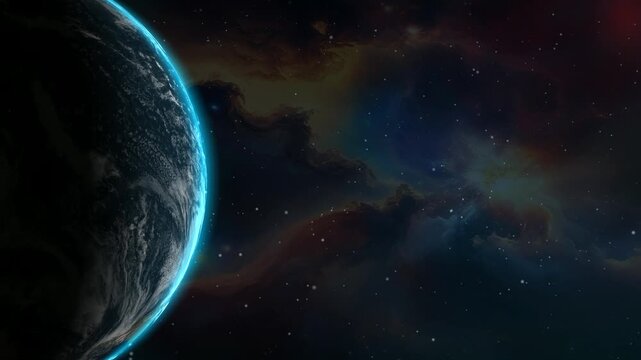 Unique Visualization of Earth Rotation Surrounded by Shimmering Stars and Nebula with an Exclusive Premium Cosmic Background