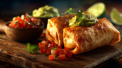 National Chimichanga Day, close-up of crispy golden chimichanga served with guacamole and salsa