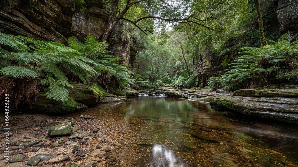 Poster a lush forest with ferns and a stream flowing through it, surrounded by towering trees and boulders
