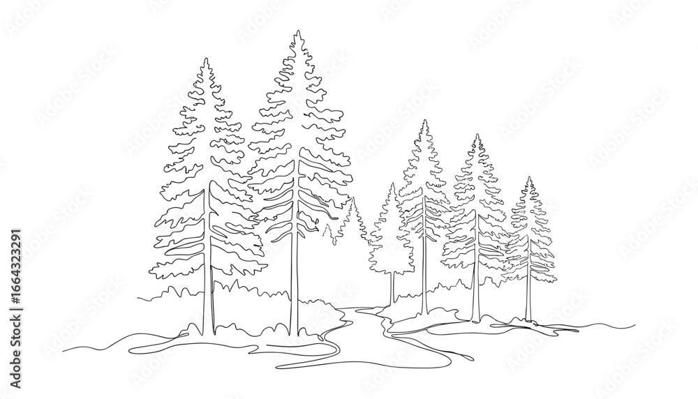 Poster a simple continuous line illustration of pine trees with river landscape. abstract minimal vector dr