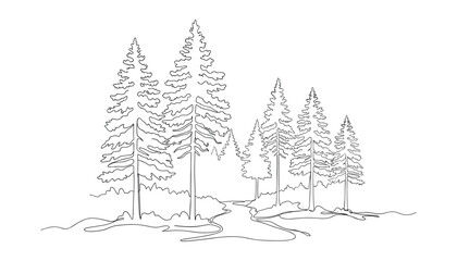 Obraz premium A simple continuous line illustration of pine trees with river landscape. Abstract minimal vector drawing.