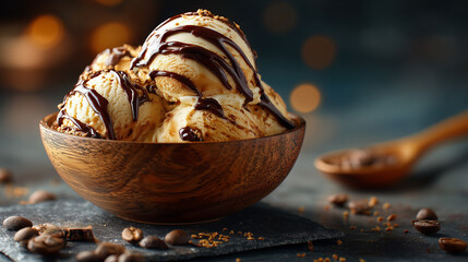 National Coffee Ice Cream Day, close-up of coffee ice cream in a bowl with chocolate drizzle