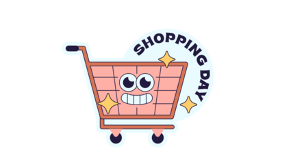 Cheerful shopping cart mascot illustration, sparkling with joy for retail therapy and promotional events, perfect for celebrating a successful shopping day experience