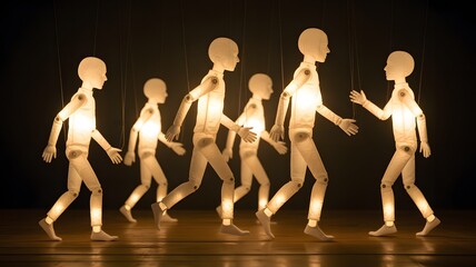 Illuminated puppets walking in the dark, a metaphor for control, influence, and manipulation
