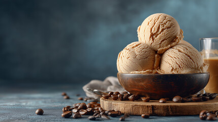 National Coffee Ice Cream Day, multiple scoops of coffee ice cream on wooden table