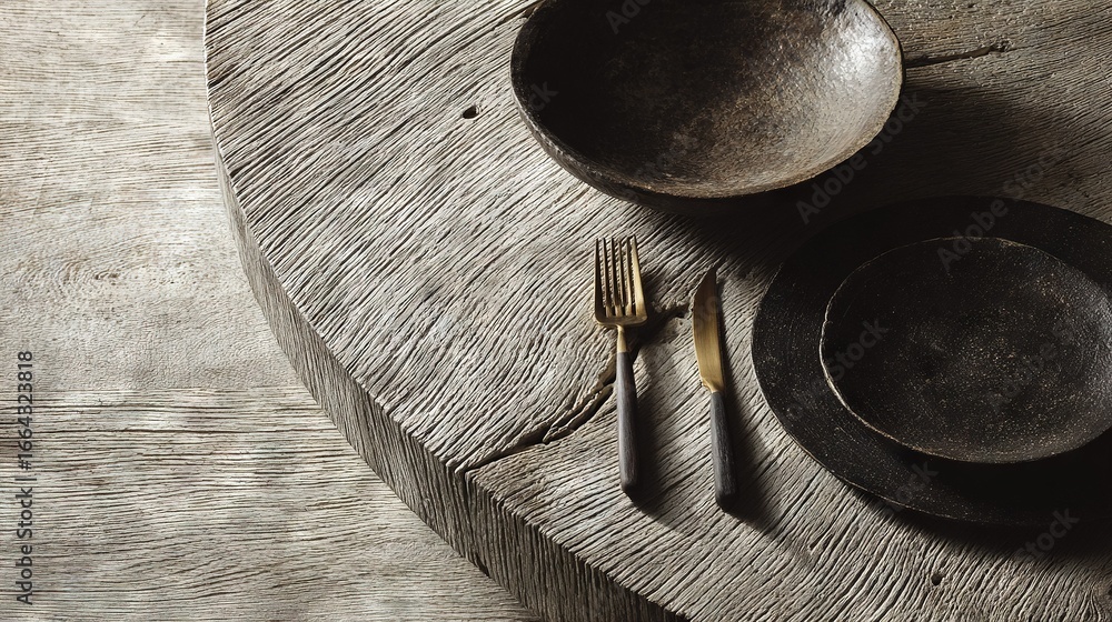 Poster a close-up of a wooden table with a knife and fork resting on top, holding a fork and two bowls