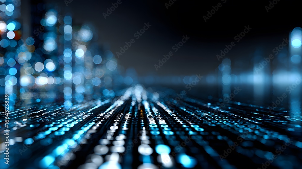 Poster digital data stream with cityscape background