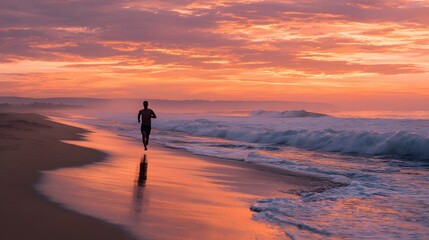 A man runs along a beach at sunrise with waves and a colorful sky creating a serene and active scene