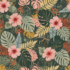 Seamless Pattern, Tropical pattern design with hibiscus flowers and monstera leaves vector illustration Stock royalty free image.