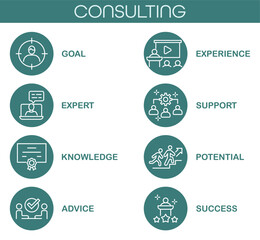 Consulting infographic with icons for goal, expert, knowledge, advice, experience, support, potential and success. Perfect for business, management, career, coaching and corporate projects.