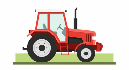 Naklejka premium A detailed illustration of a red tractor with large wheels and a cab, parked on a green grassy field, ready for agricultural work.