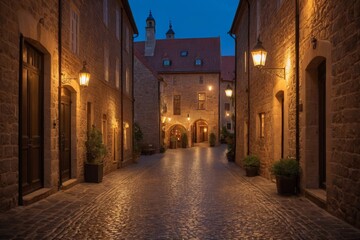 Fototapeta premium Verlassene Gasse mit historischen Steinwänden und Laternen bei Dämmerung