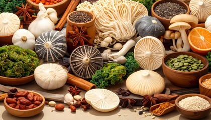 Assorted Mushrooms, Seeds and Spices — Culinary Still Life
