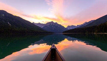 Serene mountain lake at sunrise, tranquil reflection in calm water, seen from a canoe.