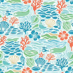 Seamless Pattern, Vibrant underwater pattern featuring colorful coral, shells, fish and sea life Stock royalty free image.