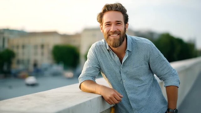 Urban setting with a relaxed man smiling by a parapet in gentle light representing confidence, calmness, individuality, positivity, style, serenity