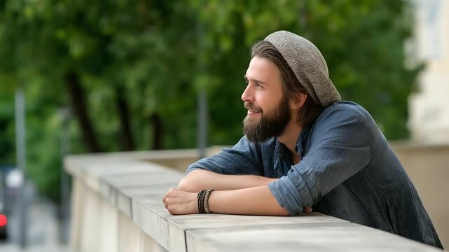 Urban setting with a relaxed man with a beard leaning on a parapet representing confidence, calmness, individuality, style, contemplation, serenity
