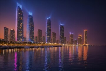 Fototapeta premium Moderne Skyline bei Nacht mit bunten Lichtern und reflektierendem Wasser