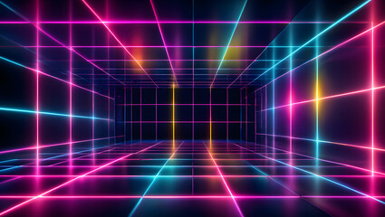 Retro neon grid background with perspective view