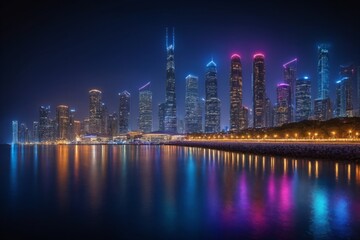 Obraz premium Moderne Skyline bei Nacht mit bunten Lichtern und reflektierendem Wasser