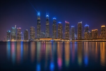 Fototapeta premium Moderne Skyline bei Nacht mit bunten Lichtern und reflektierendem Wasser