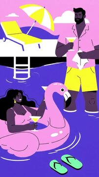 Vibrant summer pool party scene with a happy couple enjoying cocktails Woman on a pink flamingo float man standing in the refreshing water Modern flat illustration