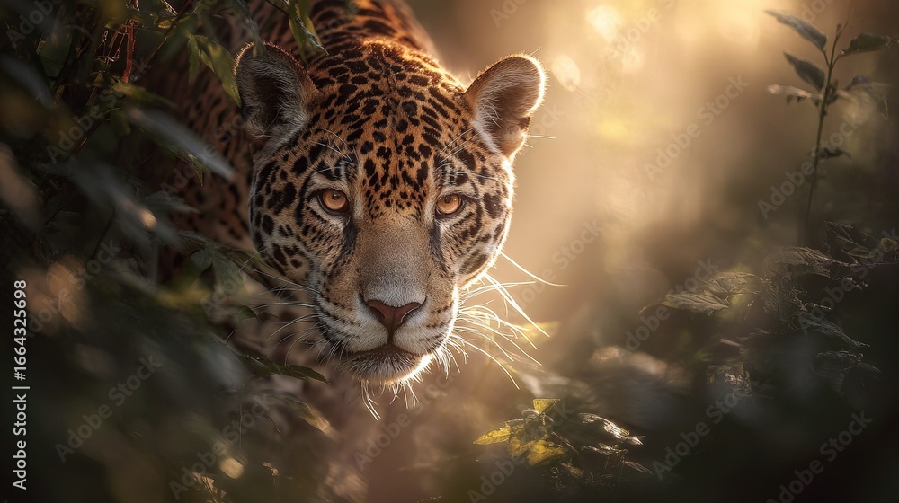 Poster a close-up of a leopard's face peeking through a tree branch