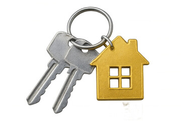 Metal keys hanging on ring with golden house-shaped keychain symbolizing property ownership, set against transparent backdrop