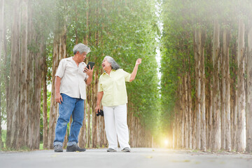 Happy senior couple in the park, Joyful elderly couple spending time together in nature