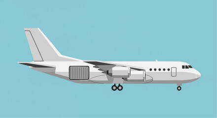 Obraz premium A detailed illustration of a white commercial airplane in profile against a clear blue sky.