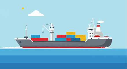 A large cargo ship carrying many containers sails across the blue ocean under a clear sky with a single cloud.