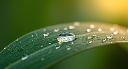 Close-up of Dew Drops on a Green Leaf Nature's Delicate Beauty in the Sunlight