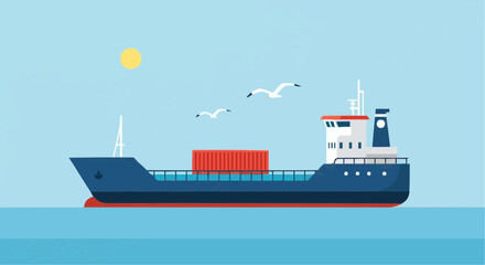 A red cargo container on a large blue cargo ship at sea.