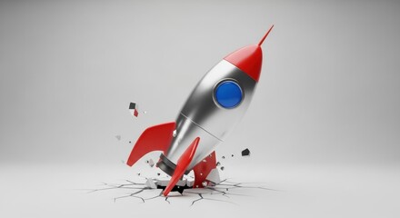 Retro Rocket Launching Through Cracked Surface, Silver Body, Red Fins, Blue Button