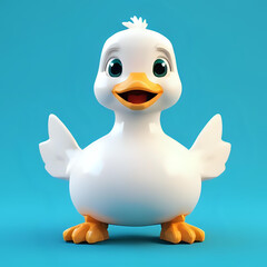a happy white 3D duck on a blue background