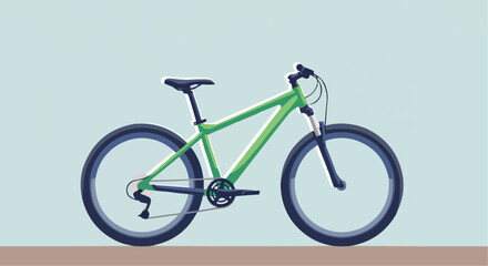 Fototapeta premium A vibrant green mountain bike with dark wheels and a black seat, illustrated against a light blue background.