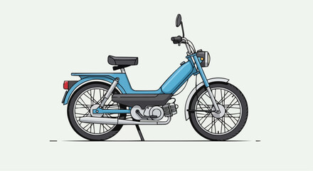 Fototapeta premium Side view illustration of a classic light blue moped with spoked wheels and a single seat on a plain background.