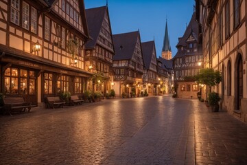 Obraz premium Mittelalterliche Fachwerkstraße bei Dämmerung mit historischen Gebäuden und Laternen